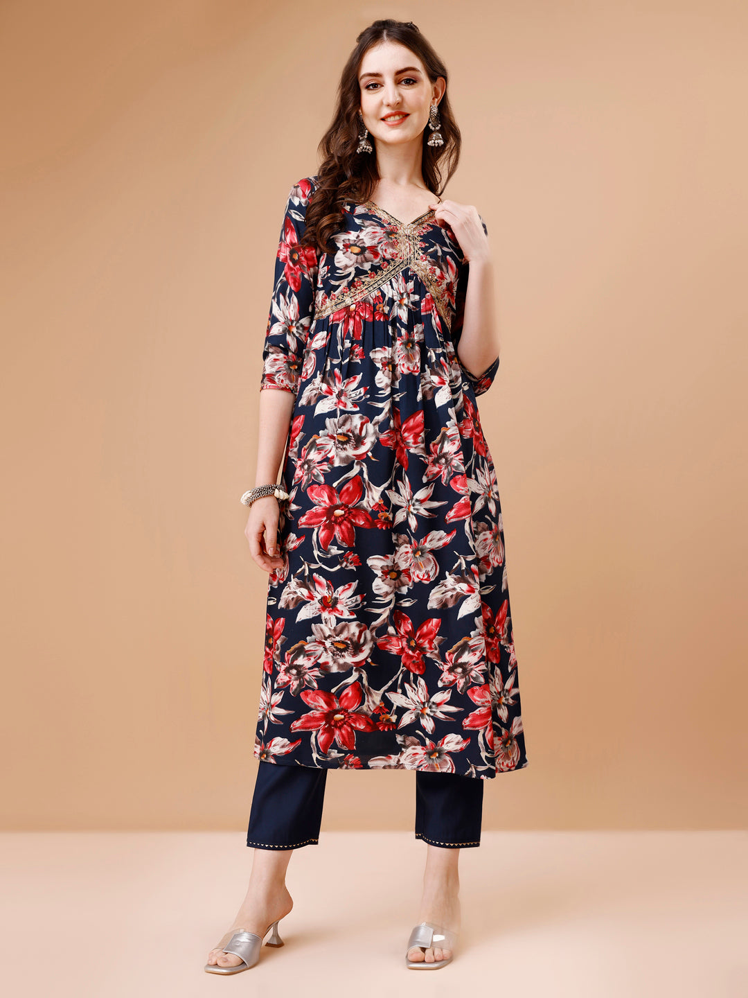 Alia Cut Embroidered & Floral Printed Rayon Kurta With Pant & Dupatta, Multicolor - Hiral Fashion | Grocsy