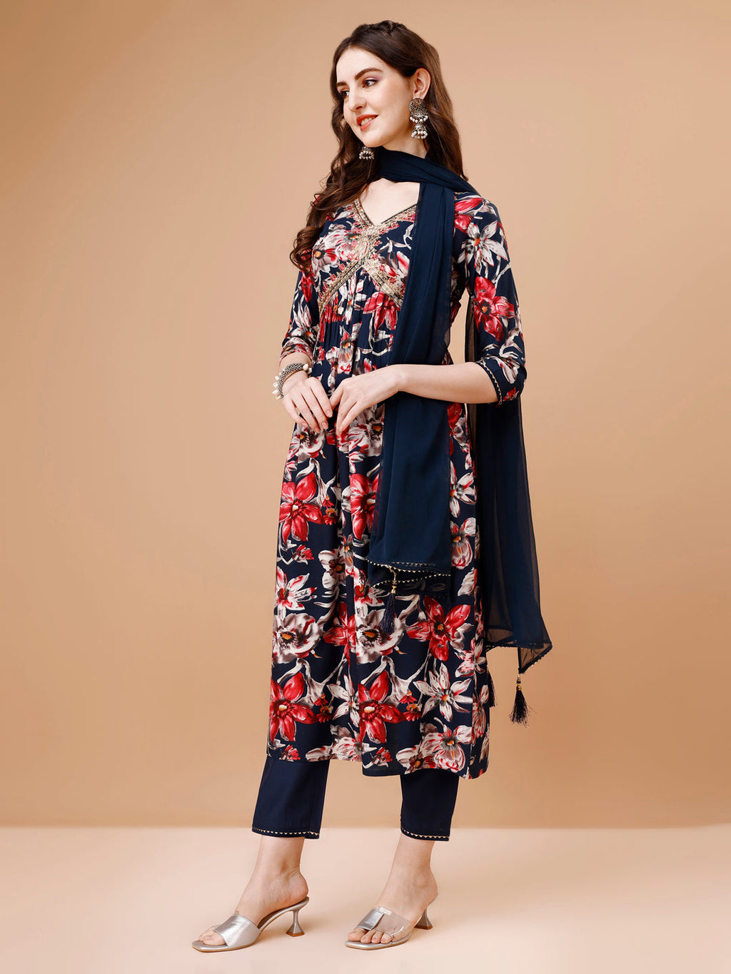 Alia Cut Embroidered & Floral Printed Rayon Kurta With Pant & Dupatta, Multicolor - Hiral Fashion | Grocsy
