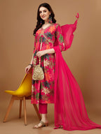 Alia Cut Rayon Embroidered & Floral Printed Kurta With Pant & Dupatta, Multicolor - Hiral Fashion | Grocsy
