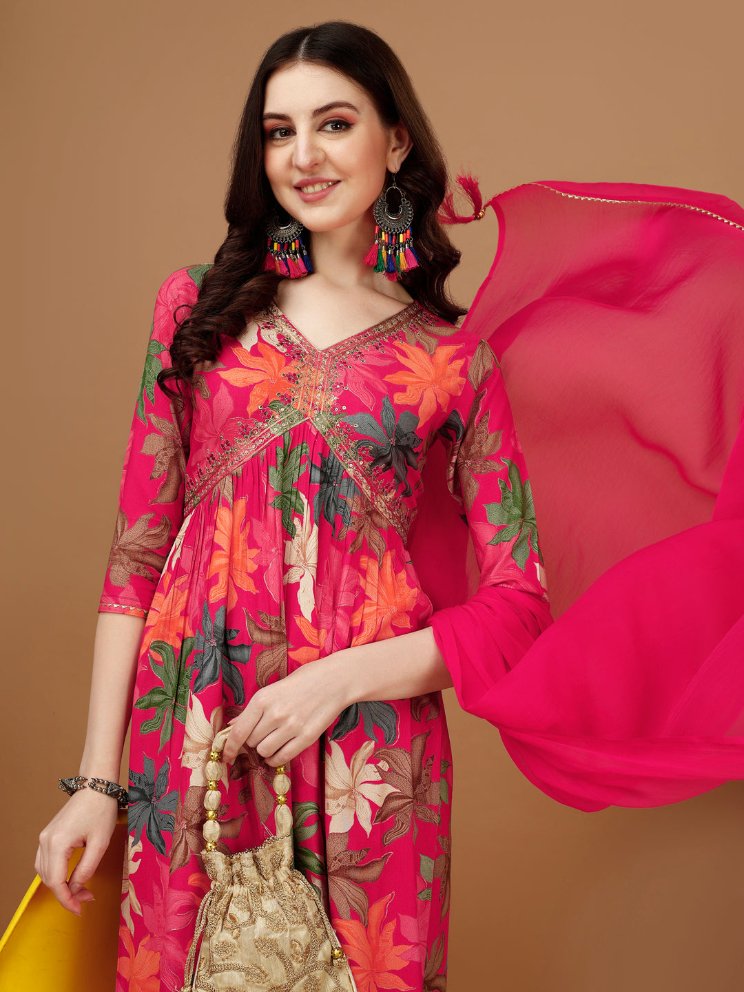 Alia Cut Rayon Embroidered & Floral Printed Kurta With Pant & Dupatta, Multicolor - Hiral Fashion | Grocsy