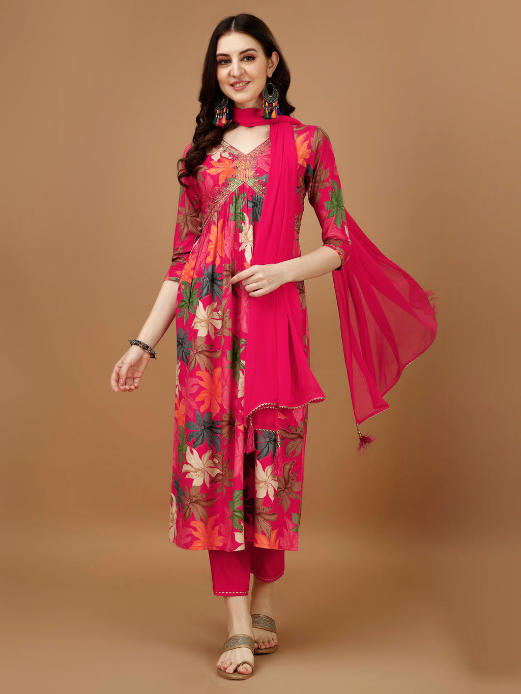 Alia Cut Rayon Embroidered & Floral Printed Kurta With Pant & Dupatta, Multicolor - Hiral Fashion | Grocsy