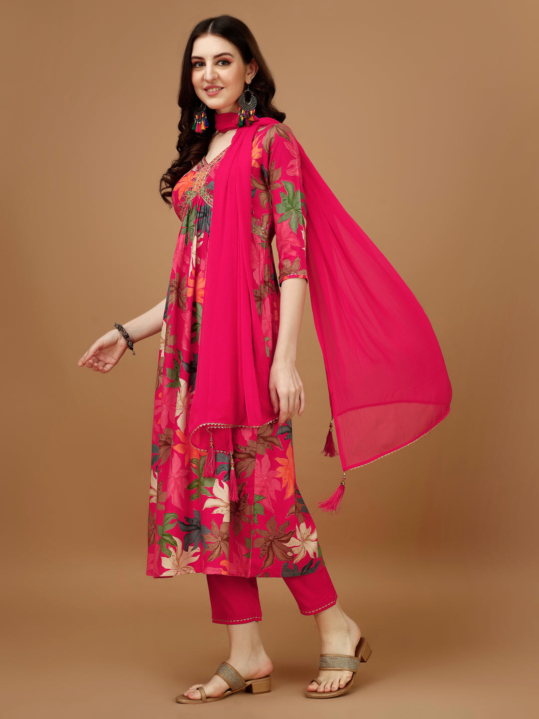 Alia Cut Rayon Embroidered & Floral Printed Kurta With Pant & Dupatta, Multicolor - Hiral Fashion | Grocsy