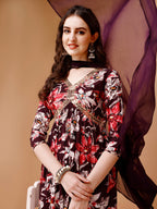 Alia Cut Embroidered & Floral Printed Rayon Kurta With Pant & Dupatta, Multicolor - Hiral Fashion | Grocsy