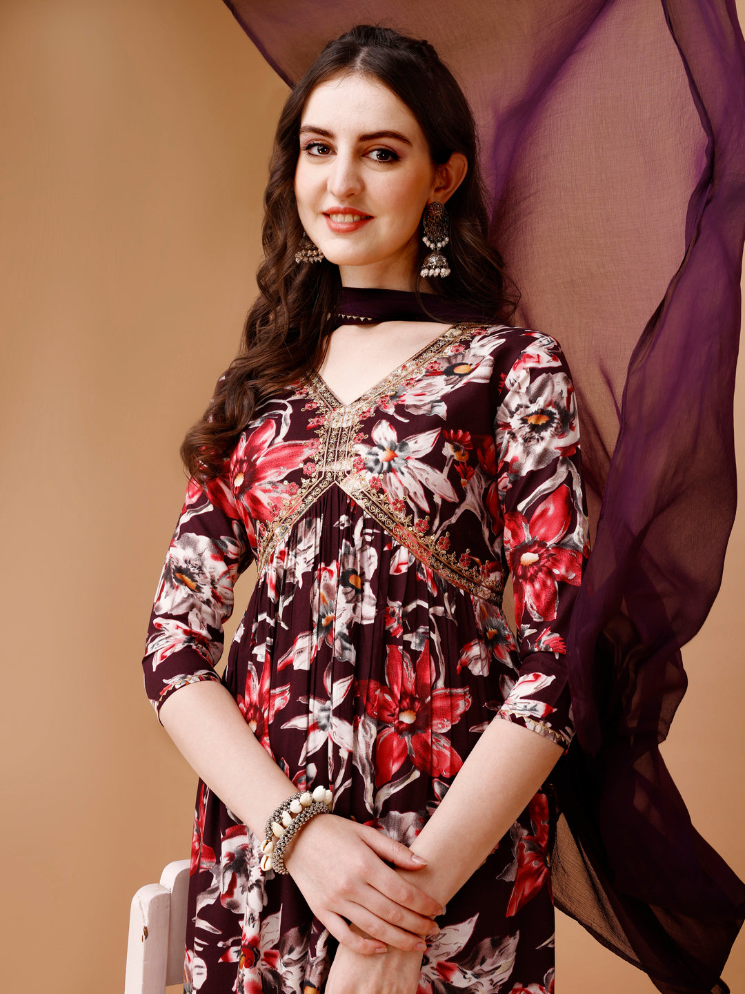 Alia Cut Embroidered & Floral Printed Rayon Kurta With Pant & Dupatta, Multicolor - Hiral Fashion | Grocsy