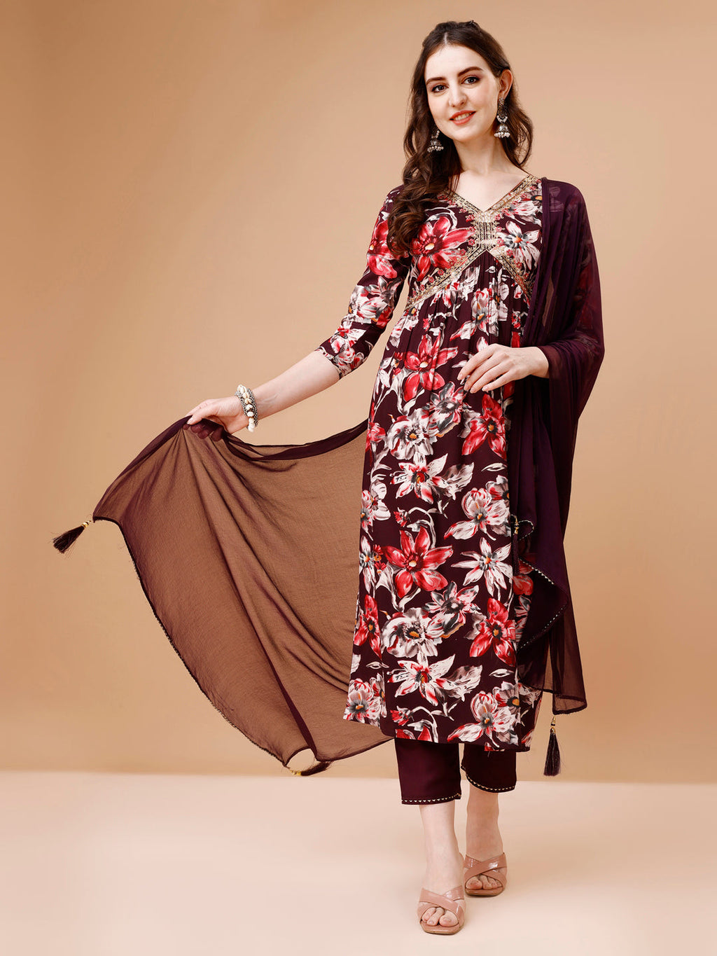 Alia Cut Embroidered & Floral Printed Rayon Kurta With Pant & Dupatta, Multicolor - Hiral Fashion | Grocsy