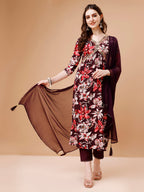 Alia Cut Embroidered & Floral Printed Rayon Kurta With Pant & Dupatta, Multicolor - Hiral Fashion | Grocsy