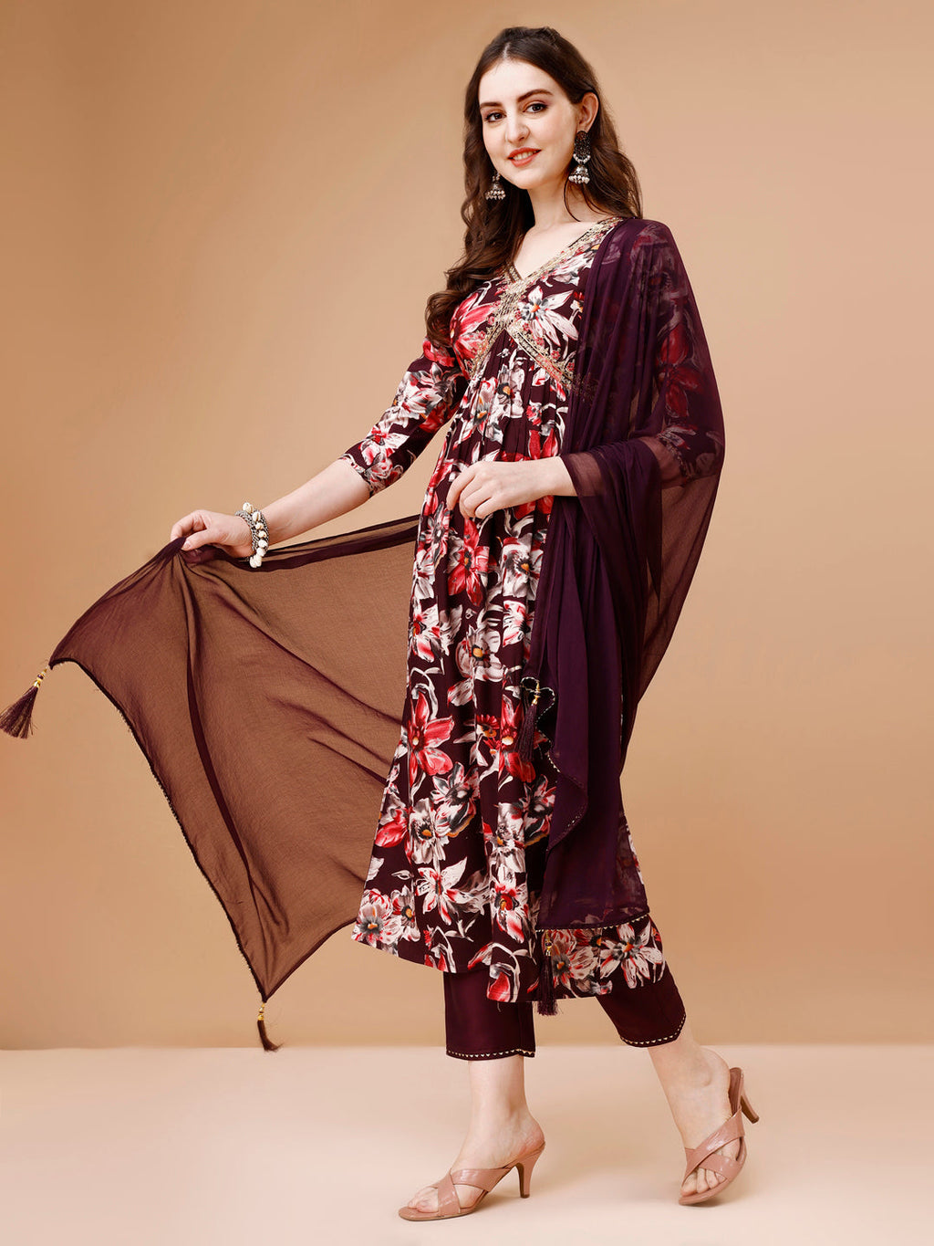 Alia Cut Embroidered & Floral Printed Rayon Kurta With Pant & Dupatta, Multicolor - Hiral Fashion | Grocsy