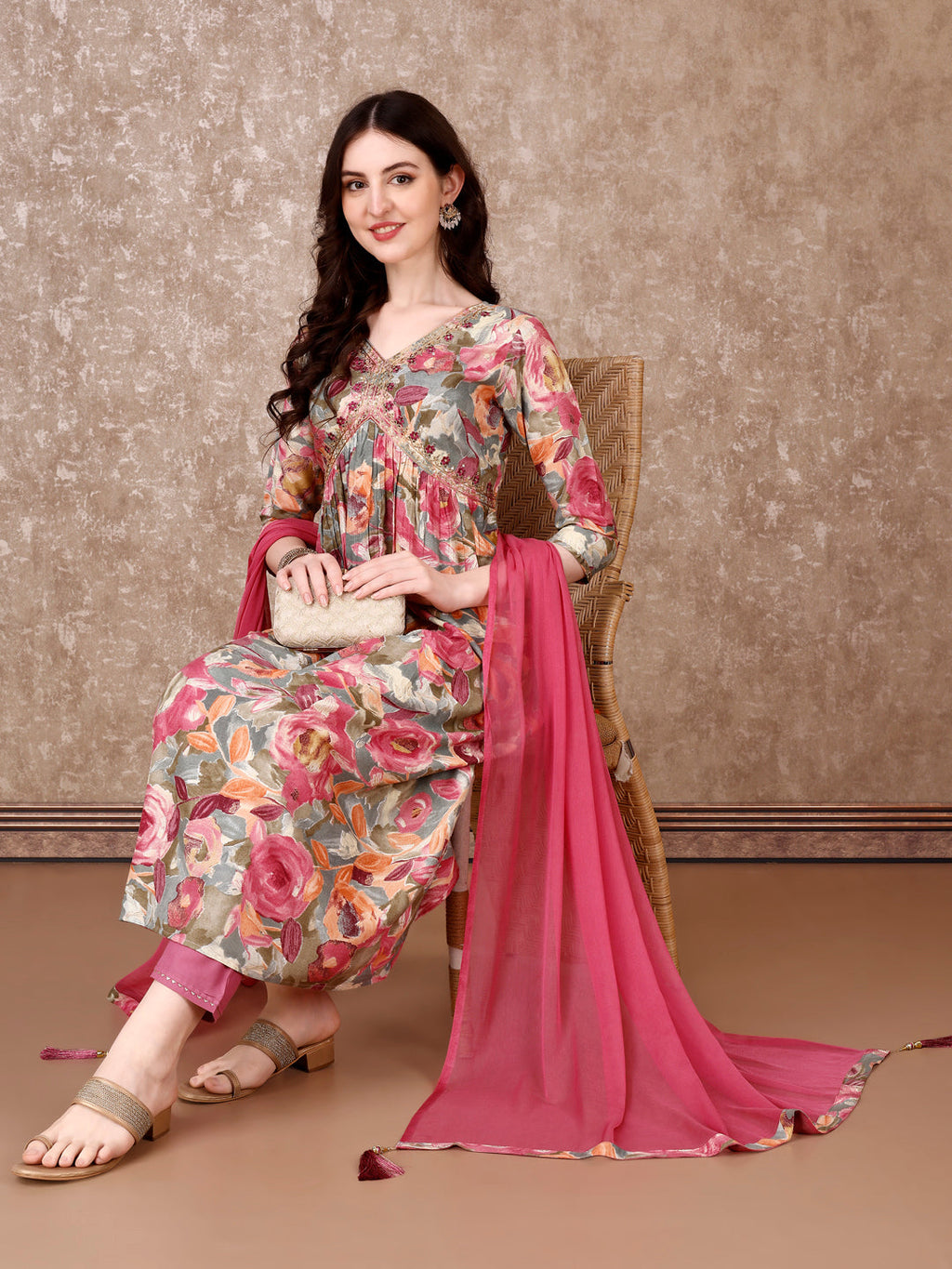Alia Cut Embroidered & Floral Printed Kurta With Pant & Dupatta Premium Luxury, Multicolor - Hiral Fashion | Grocsy