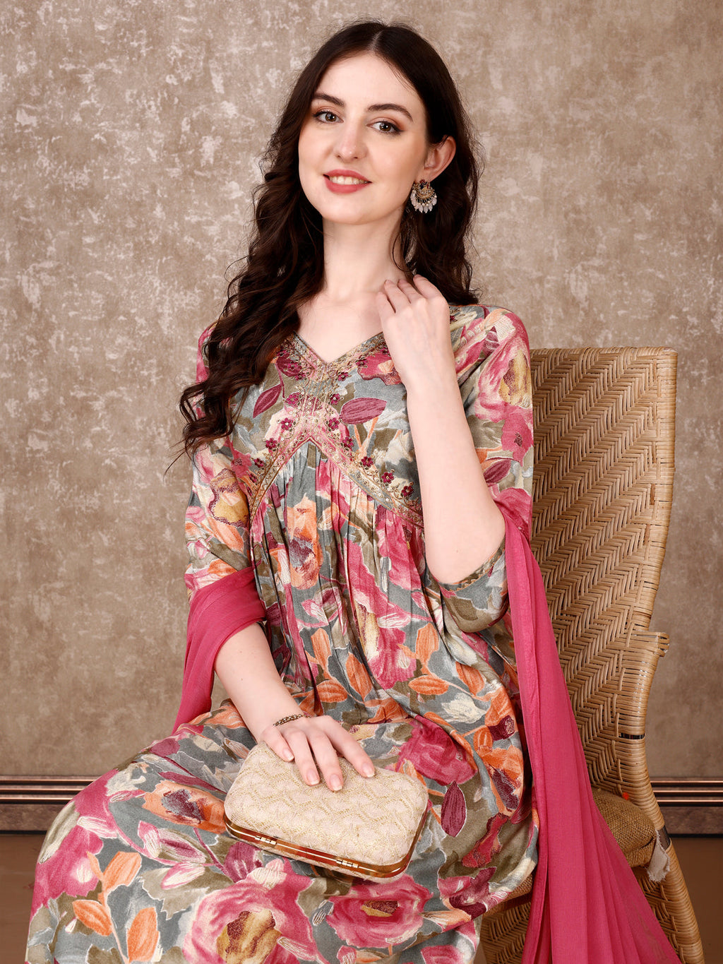 Alia Cut Embroidered & Floral Printed Kurta With Pant & Dupatta Premium Luxury, Multicolor - Hiral Fashion | Grocsy