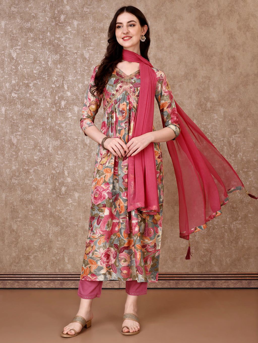 Alia Cut Embroidered & Floral Printed Kurta With Pant & Dupatta Premium Luxury, Multicolor - Hiral Fashion | Grocsy