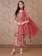 Alia Cut Embroidered & Floral Printed Kurta With Pant & Dupatta Premium Luxury, Multicolor - Hiral Fashion | Grocsy
