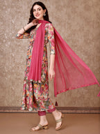 Alia Cut Embroidered & Floral Printed Kurta With Pant & Dupatta Premium Luxury, Multicolor - Hiral Fashion | Grocsy