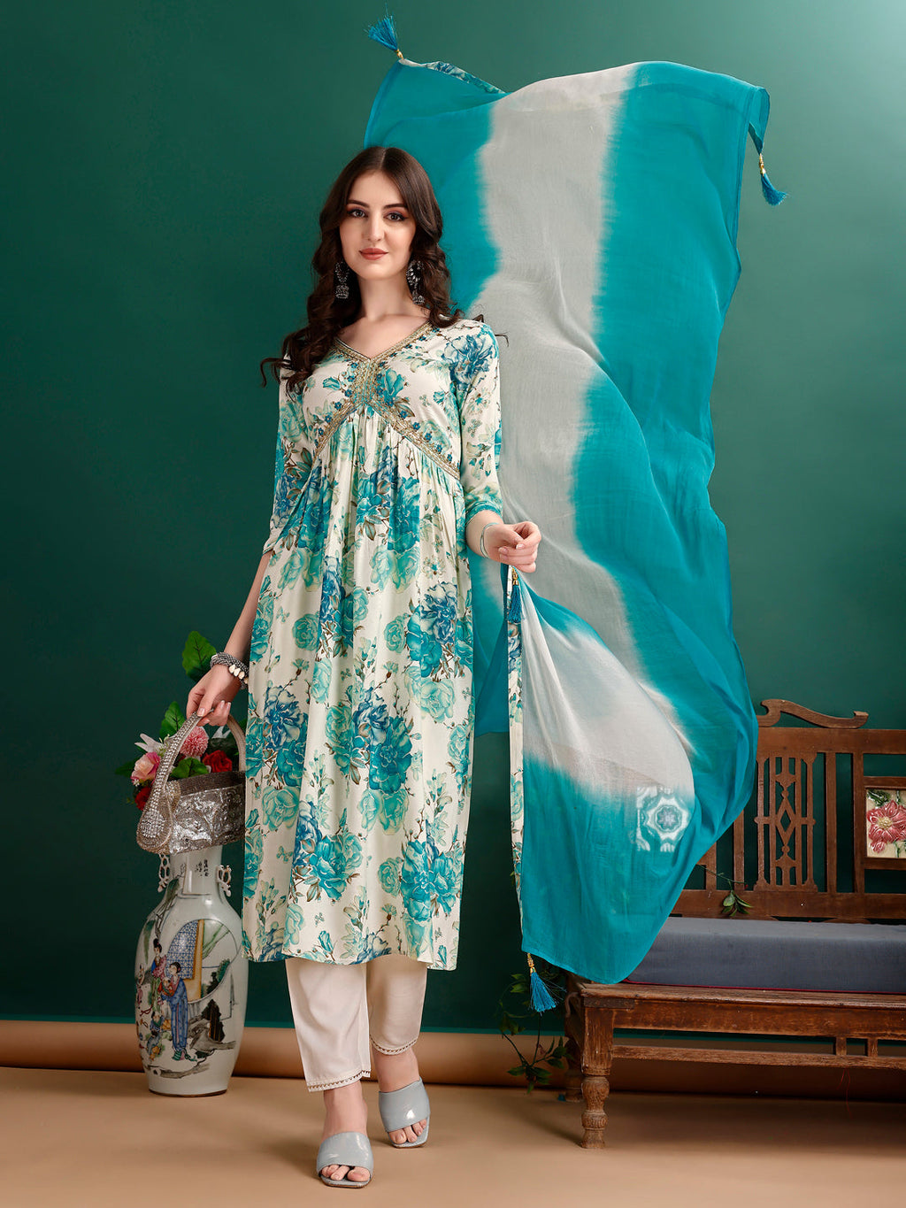 Alia Cut Floral Printed & Embroidered Kurta With Pant & Dupatta Set Premium Luxury, Multicolor - Hiral Fashion | Grocsy