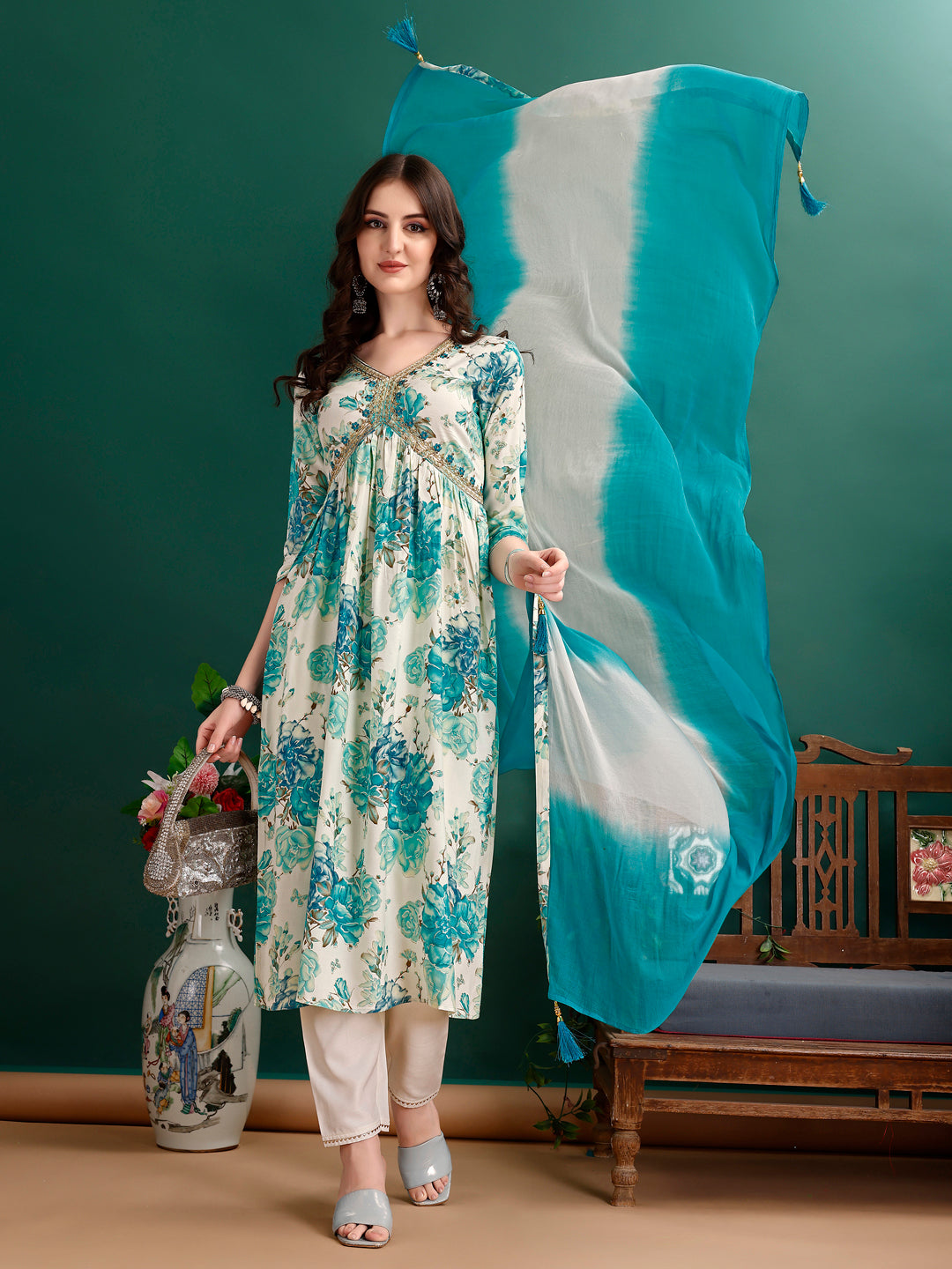 Alia Cut Floral Printed & Embroidered Kurta With Pant & Dupatta Set Premium Luxury, Multicolor - Hiral Fashion | Grocsy
