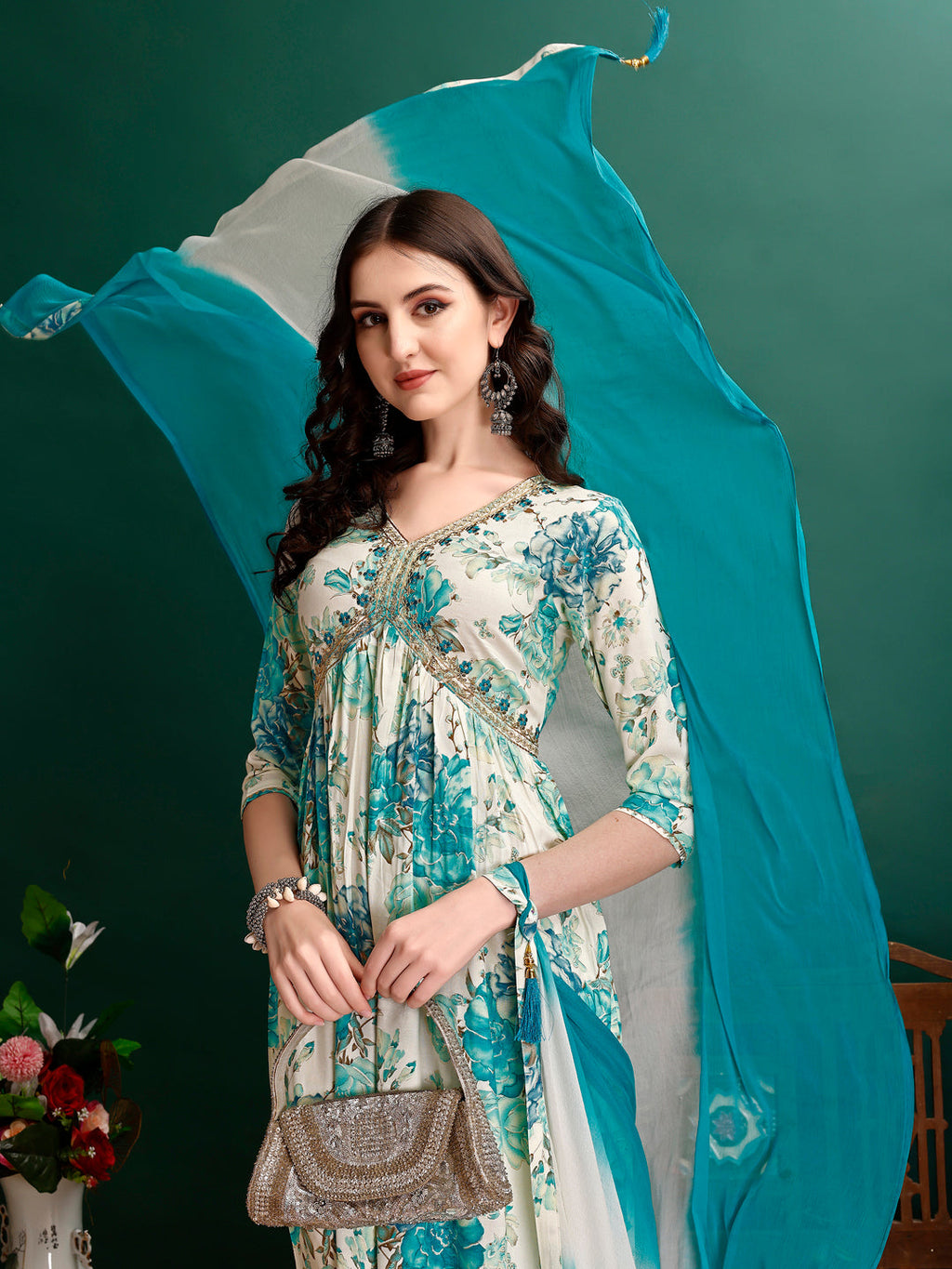 Alia Cut Floral Printed & Embroidered Kurta With Pant & Dupatta Set Premium Luxury, Multicolor - Hiral Fashion | Grocsy