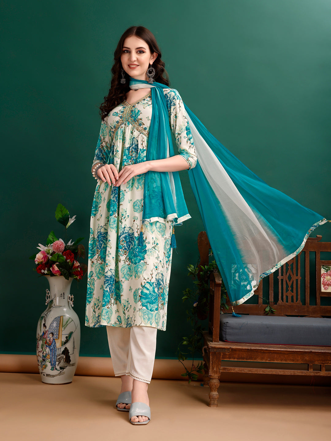 Alia Cut Floral Printed & Embroidered Kurta With Pant & Dupatta Set Premium Luxury, Multicolor - Hiral Fashion | Grocsy