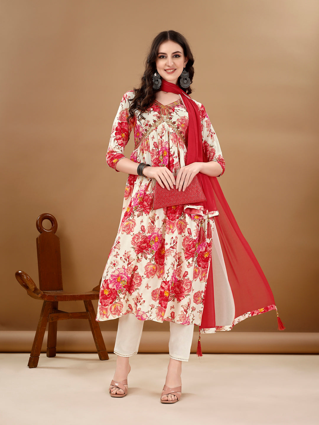 Alia Cut Floral Printed & Embroidered Kurta With Pant & Dupatta Set Premium Luxury, Multicolor - Hiral Fashion | Grocsy