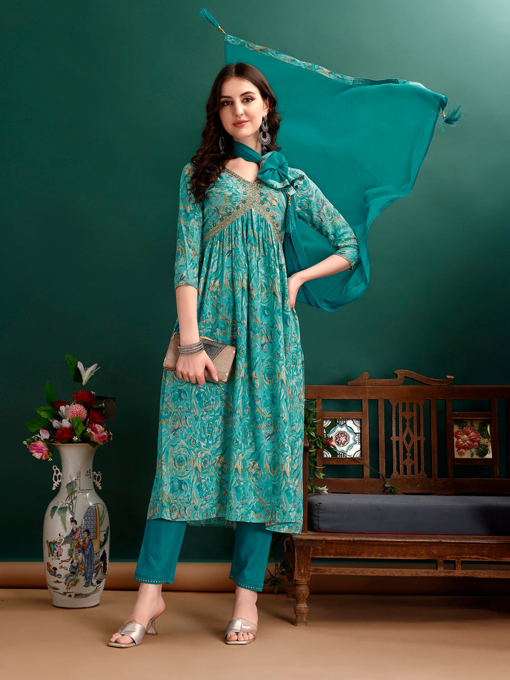 Alia Cut Floral Printed & Embroidered Kurta With Pant & Dupatta Set Luxury Premium, Multicolor - Hiral Fashion | Grocsy