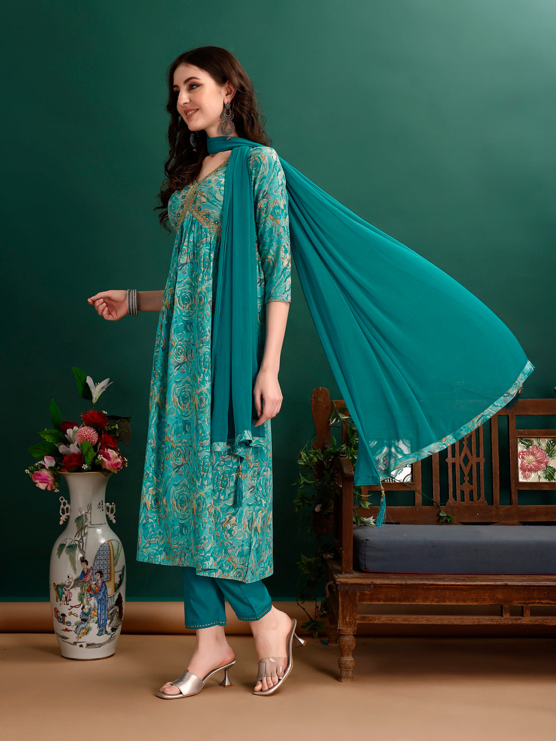Alia Cut Floral Printed & Embroidered Kurta With Pant & Dupatta Set Luxury Premium, Multicolor - Hiral Fashion | Grocsy