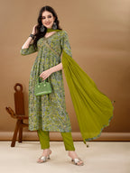 Alia Cut Floral Printed & Embroidered Kurta With Pant & Dupatta Set Luxury Premium, Multicolor - Hiral Fashion | Grocsy
