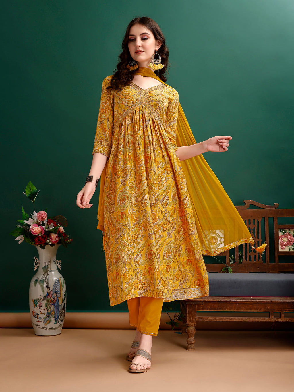 Alia Cut Floral Printed & Embroidered Kurta With Pant & Dupatta Set Luxury Premium, Multicolor - Hiral Fashion | Grocsy