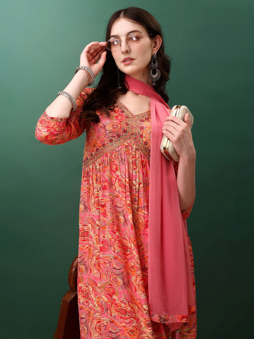 Alia Cut Floral Printed & Embroidered Kurta With Pant & Dupatta Set, Pink - Hiral Fashion | Grocsy