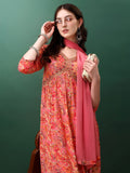 Alia Cut Floral Printed & Embroidered Kurta With Pant & Dupatta Set, Pink - Hiral Fashion | Grocsy