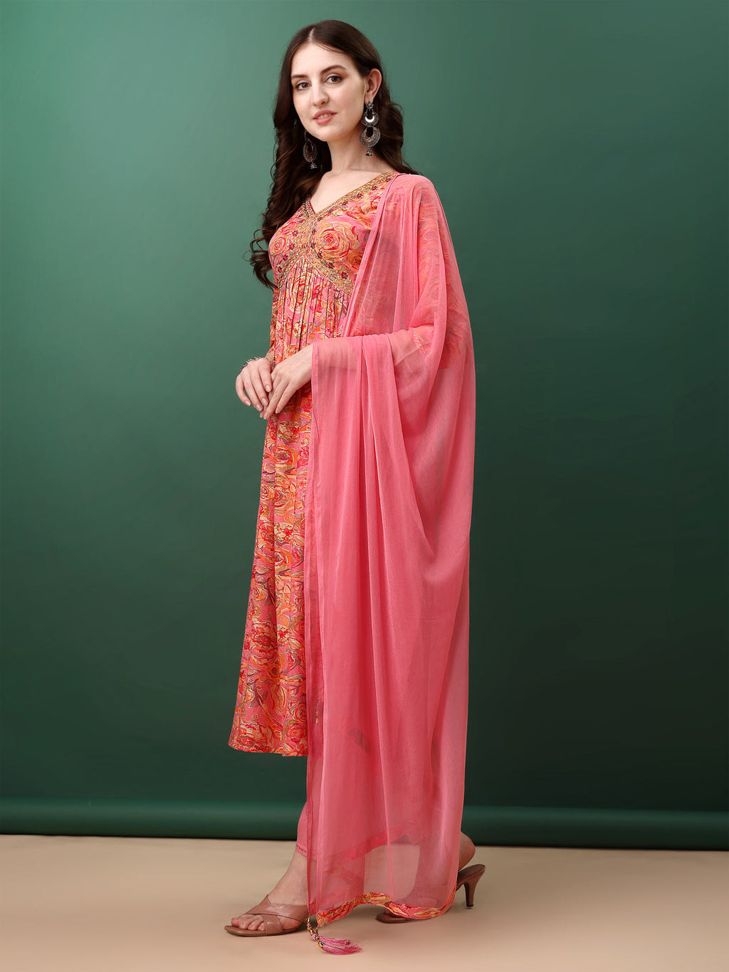 Alia Cut Floral Printed & Embroidered Kurta With Pant & Dupatta Set, Pink - Hiral Fashion | Grocsy