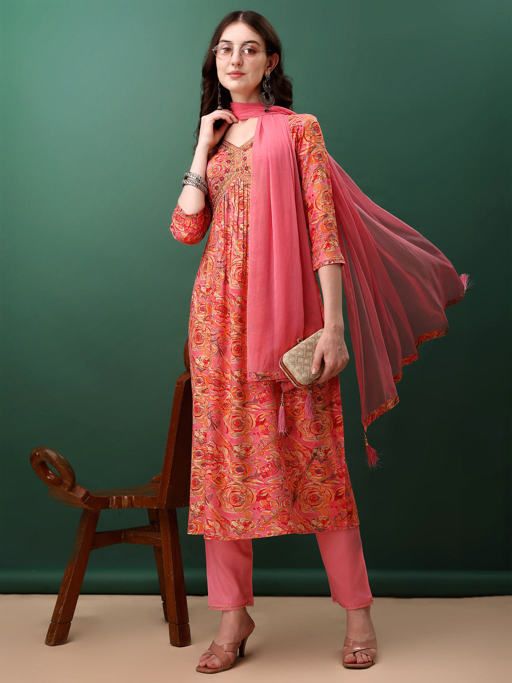 Alia Cut Floral Printed & Embroidered Kurta With Pant & Dupatta Set, Pink - Hiral Fashion | Grocsy