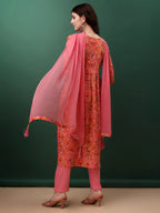 Alia Cut Floral Printed & Embroidered Kurta With Pant & Dupatta Set, Pink - Hiral Fashion | Grocsy