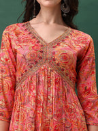 Alia Cut Floral Printed & Embroidered Kurta With Pant & Dupatta Set, Pink - Hiral Fashion | Grocsy