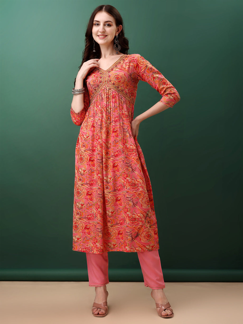 Alia Cut Floral Printed & Embroidered Kurta With Pant & Dupatta Set, Pink - Hiral Fashion | Grocsy
