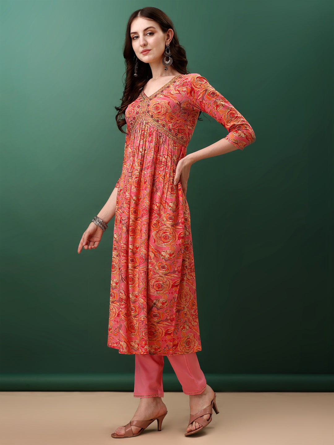 Alia Cut Floral Printed & Embroidered Kurta With Pant & Dupatta Set, Pink - Hiral Fashion | Grocsy