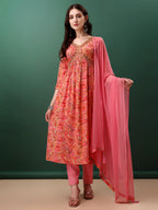 Alia Cut Floral Printed & Embroidered Kurta With Pant & Dupatta Set, Pink - Hiral Fashion | Grocsy