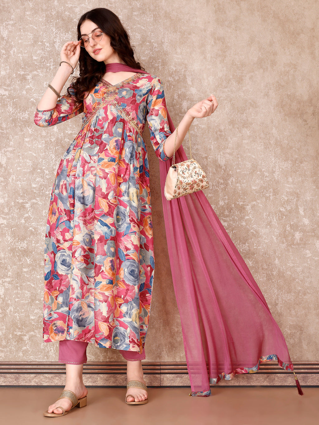 Alia Cut Embroidered & Floral Printed Kurta With Pant & Dupatta Premium Luxury, Multicolor - Hiral Fashion | Grocsy