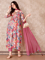Alia Cut Embroidered & Floral Printed Kurta With Pant & Dupatta Premium Luxury, Multicolor - Hiral Fashion | Grocsy