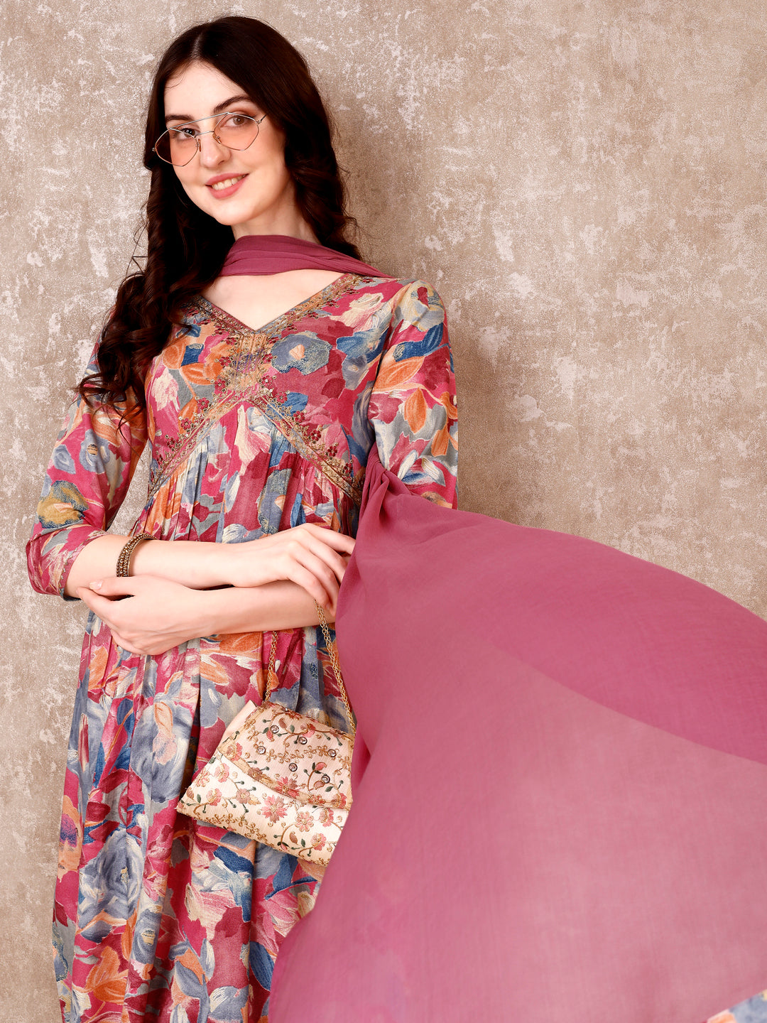 Alia Cut Embroidered & Floral Printed Kurta With Pant & Dupatta Premium Luxury, Multicolor - Hiral Fashion | Grocsy