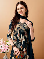Alia Cut Floral Printed & Embroidered Kurta With Pant & Dupatta Set, Teal - Hiral Fashion | Grocsy