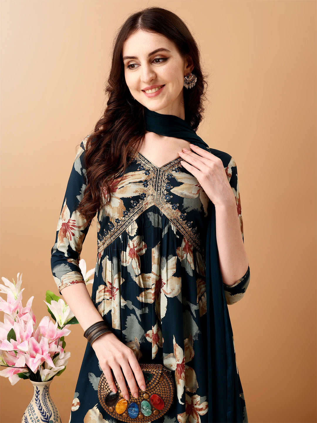 Alia Cut Floral Printed & Embroidered Kurta With Pant & Dupatta Set, Teal - Hiral Fashion | Grocsy