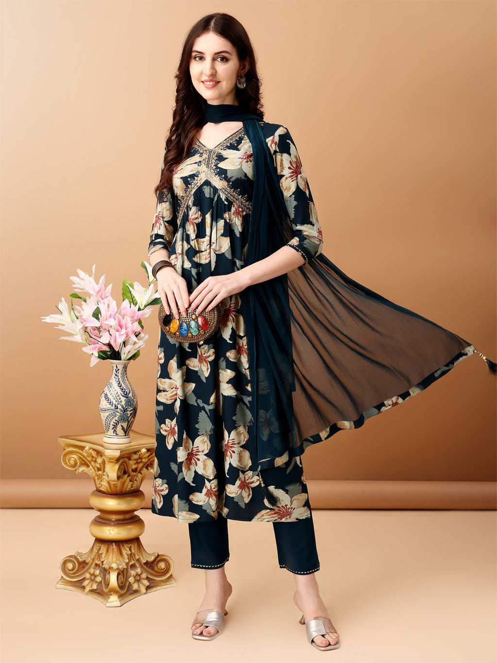 Alia Cut Floral Printed & Embroidered Kurta With Pant & Dupatta Set, Teal - Hiral Fashion | Grocsy