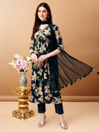 Alia Cut Floral Printed & Embroidered Kurta With Pant & Dupatta Set, Teal - Hiral Fashion | Grocsy