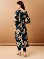 Alia Cut Floral Printed & Embroidered Kurta With Pant & Dupatta Set, Teal - Hiral Fashion | Grocsy
