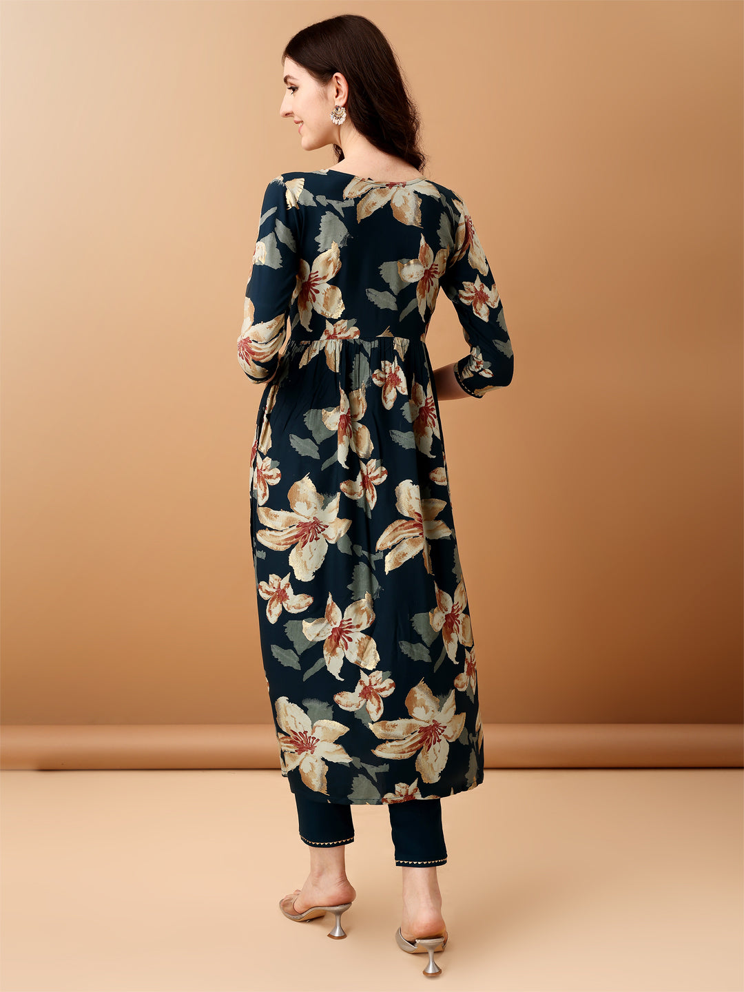 Alia Cut Floral Printed & Embroidered Kurta With Pant & Dupatta Set, Teal - Hiral Fashion | Grocsy