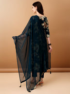 Alia Cut Floral Printed & Embroidered Kurta With Pant & Dupatta Set, Teal - Hiral Fashion | Grocsy