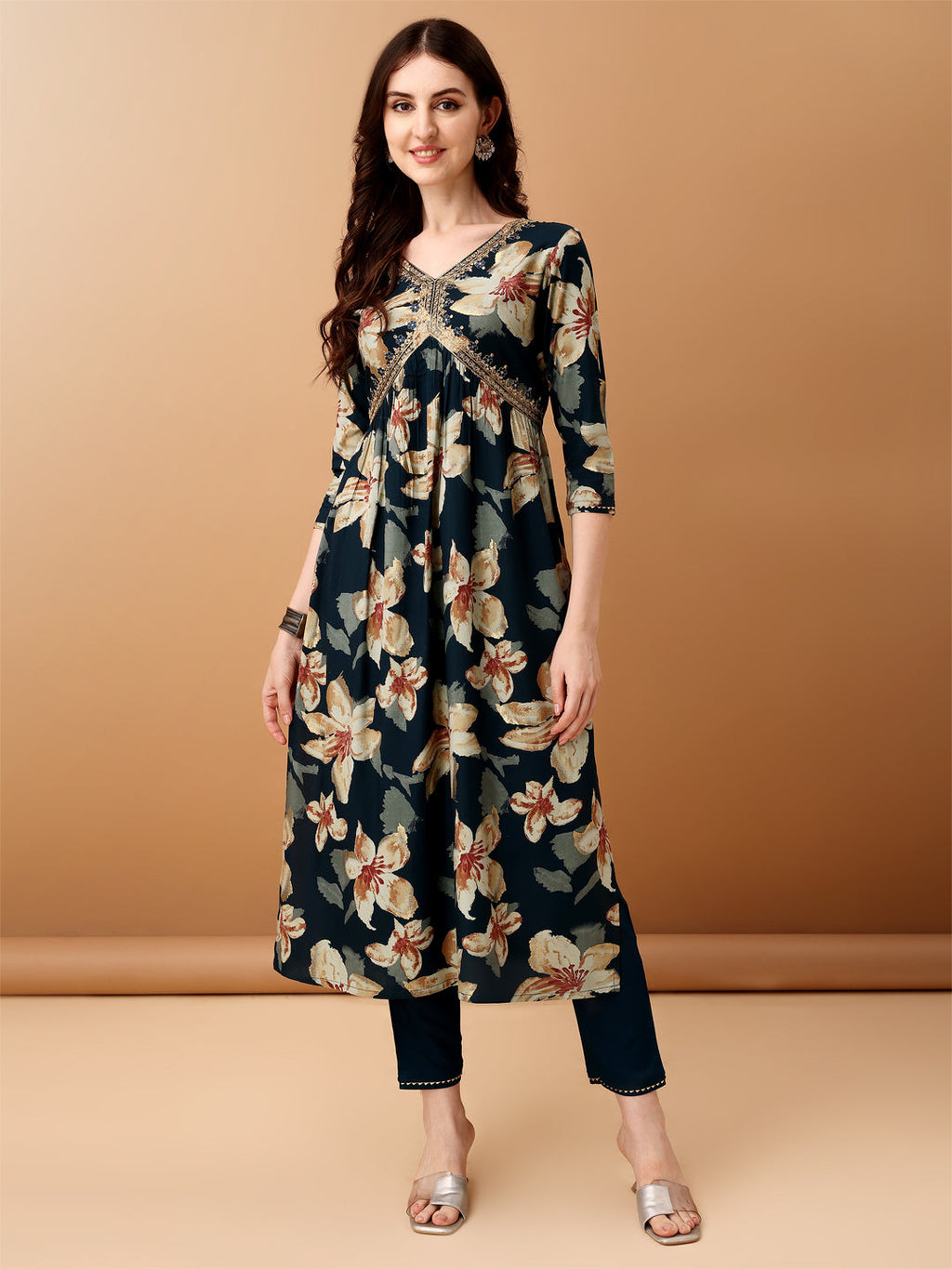Alia Cut Floral Printed & Embroidered Kurta With Pant & Dupatta Set, Teal - Hiral Fashion | Grocsy