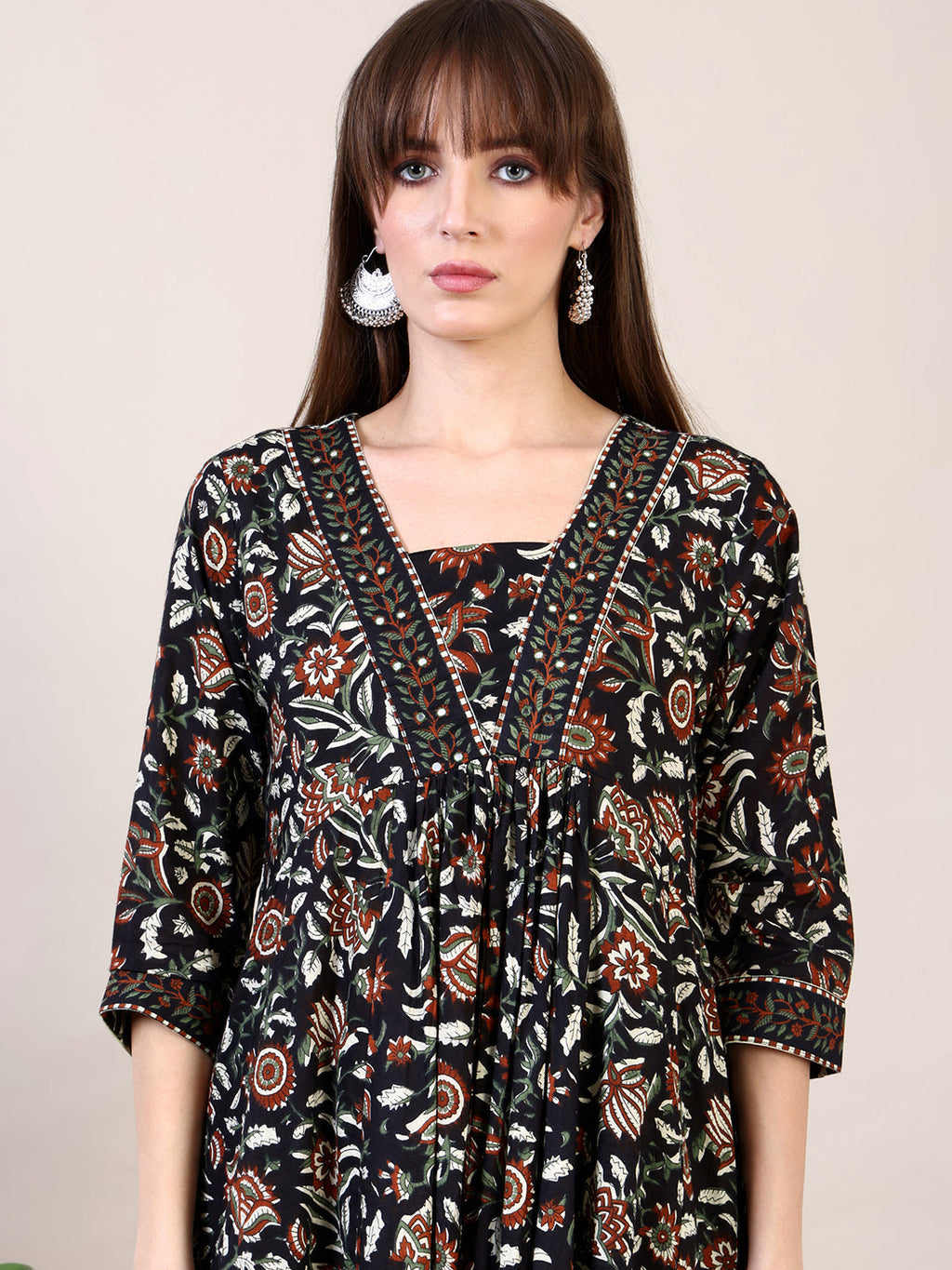 Floral Printed Flared Kurta With Pant & Dupatta, Black - Hiral Fashion | Grocsy