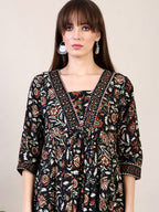 Floral Printed Flared Kurta With Pant & Dupatta, Black - Hiral Fashion | Grocsy