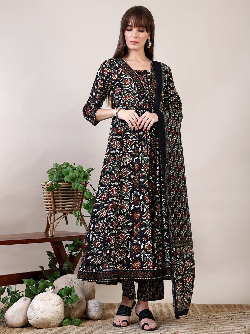 Floral Printed Flared Kurta With Pant & Dupatta, Black - Hiral Fashion | Grocsy