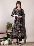 Floral Printed Flared Kurta With Pant & Dupatta, Black - Hiral Fashion | Grocsy