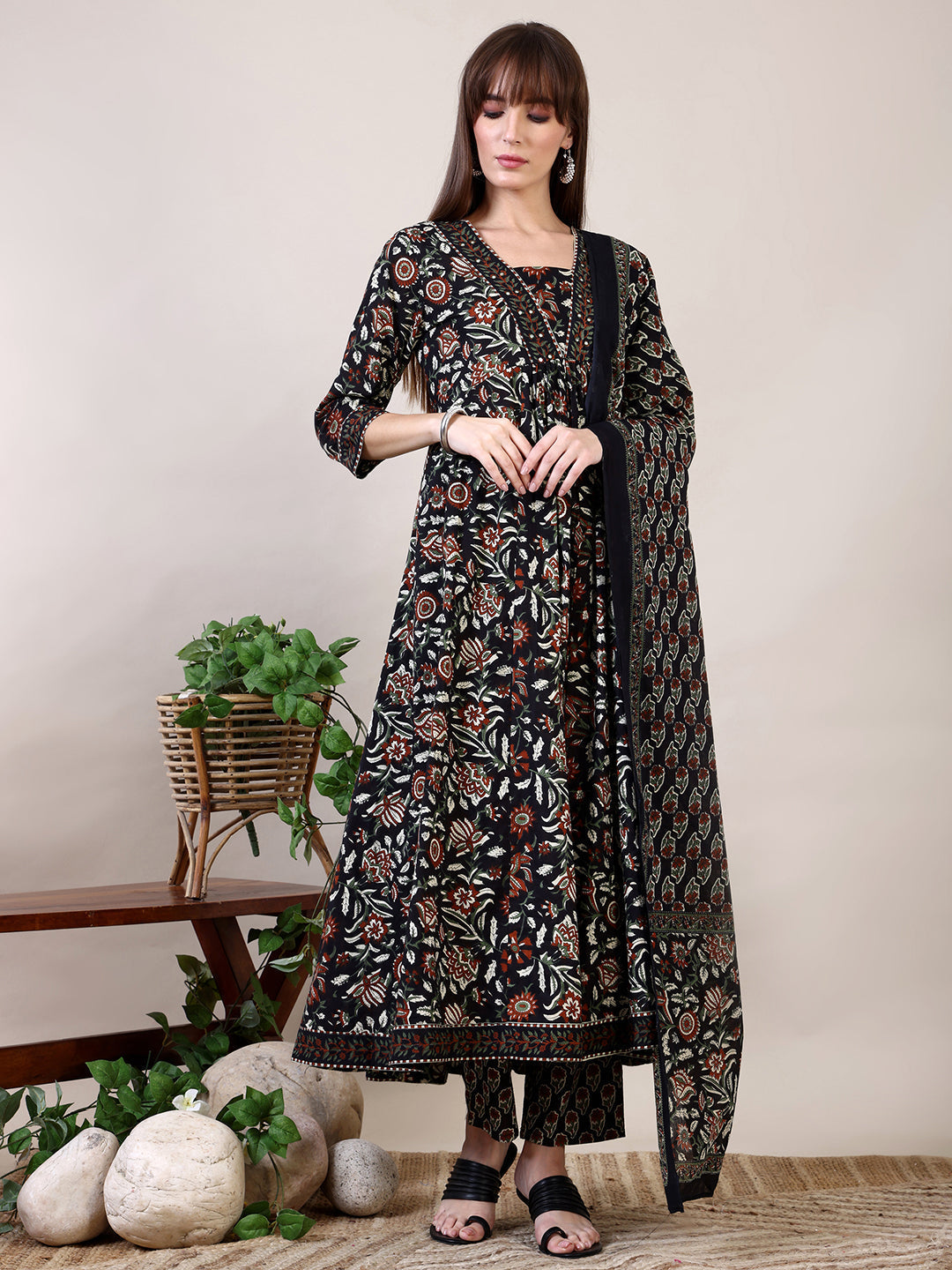 Floral Printed Flared Kurta With Pant & Dupatta, Black - Hiral Fashion | Grocsy